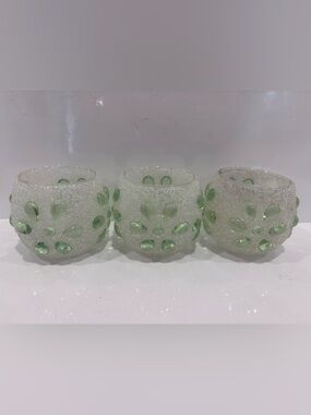 Set of 3 handblown art glass frosted green bubble votive candle holders